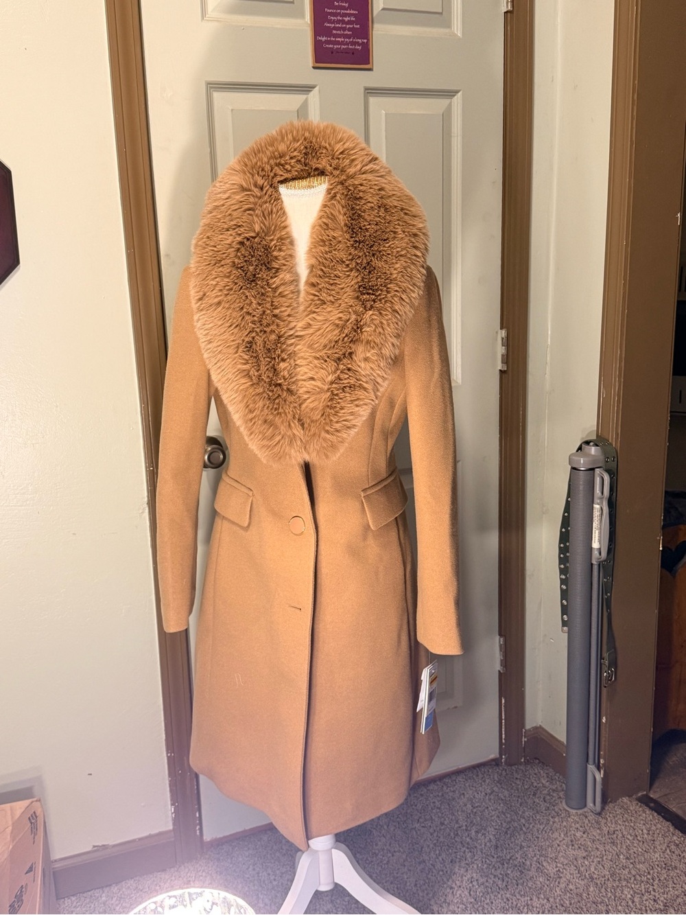 NWT Draper James RSVP Camel Long Coat Detachable Faux Fur Collar Size S $200